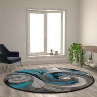 Flash Furniture ACD-RG414-88-TQ-GG Masie Collection 8' x 8' Round Turquoise Swirl Olefin Area Rug with Jute Backing - Entryway, Living Room, Bedroom